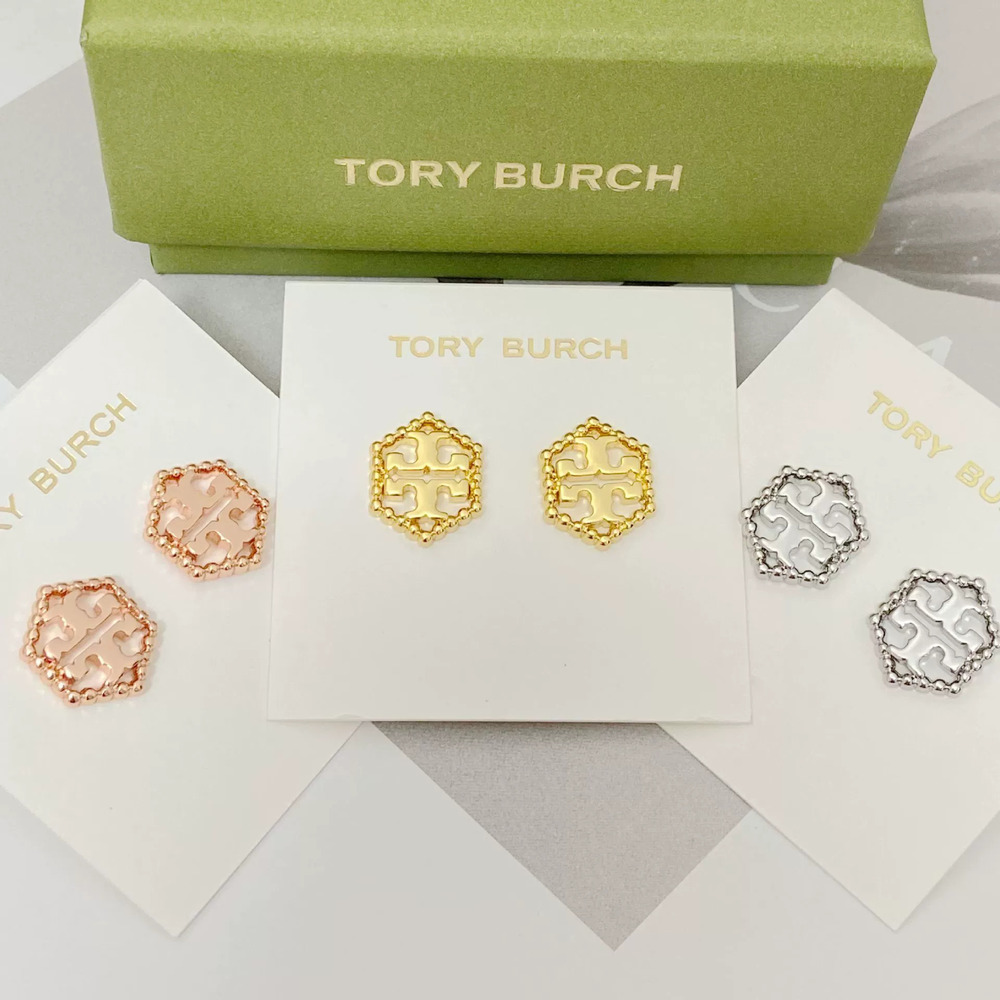 Tory Burch Geometric Hexagon Letter Metal Stud Earrings